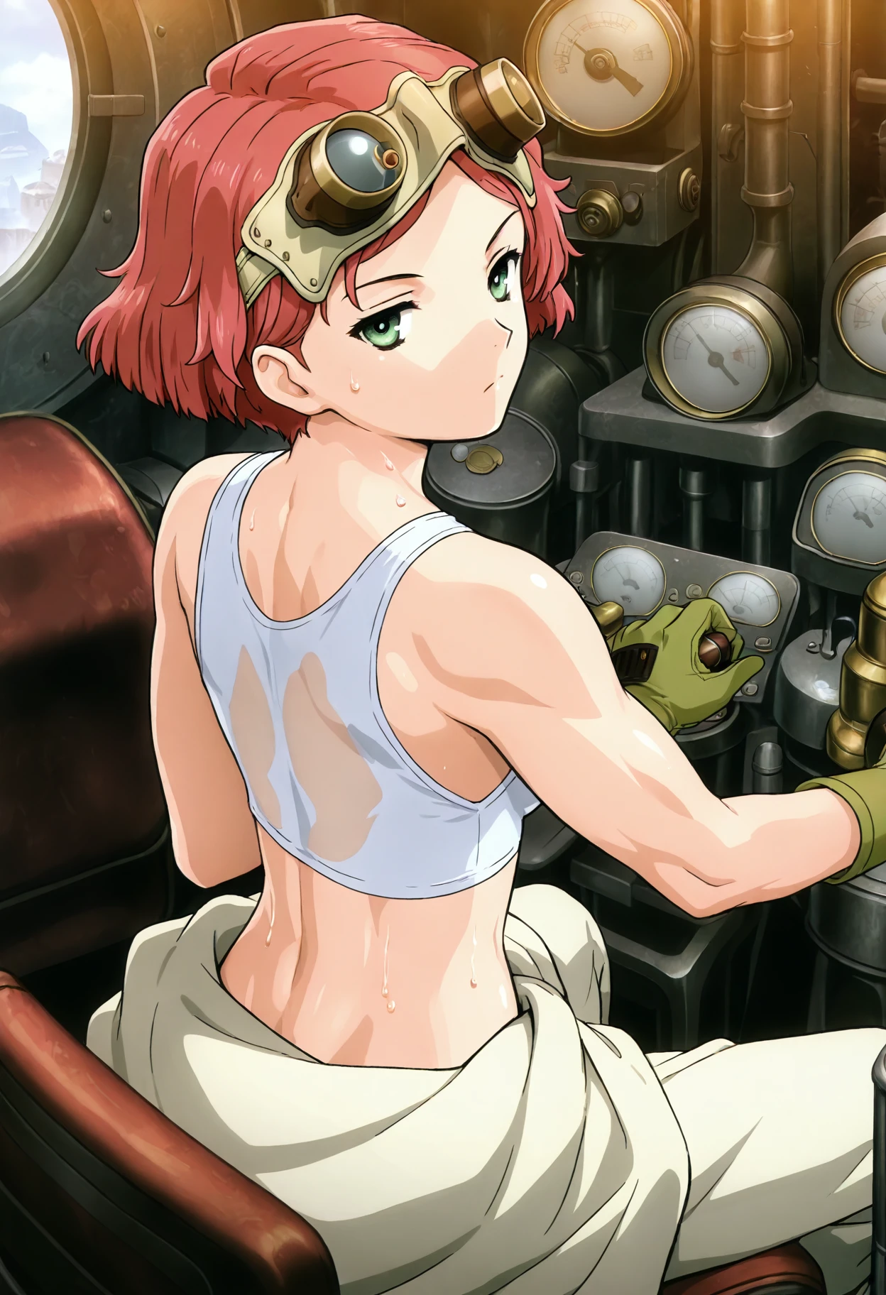 yukinakabaneri, 1girl, solo, short hair, red hair, goggles on head, looking at viewer, green gloves, green eyes, , closed mouth, white tank top, clothes around waist, collarbone, white pants, , breasts, sitting, bare shoulders, midriff , cowboy shot, ,looking back, from behind, back focus,sweat, steam,muscular female, see-through, cockpit, steampunk, expressionless, <lora:yukinakabaneri_ill:1>