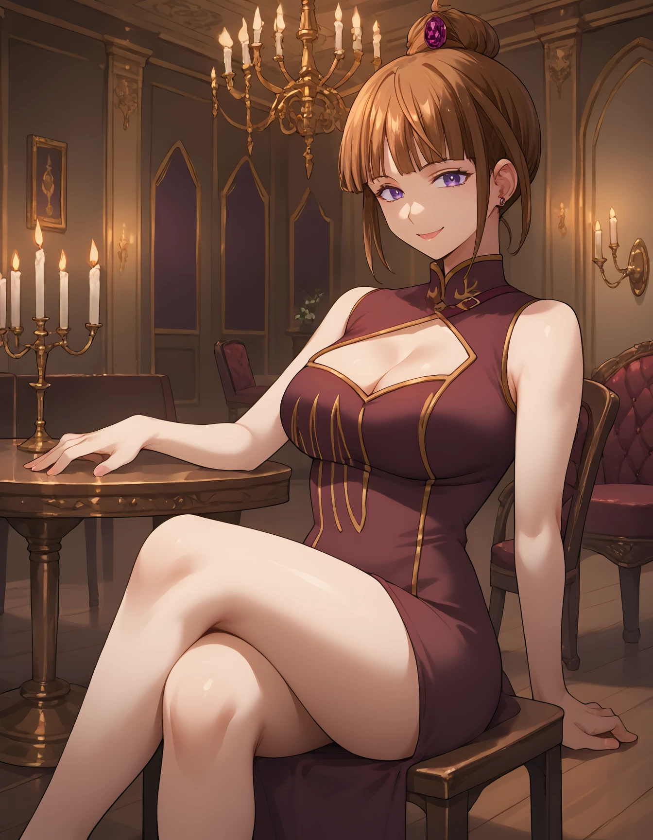 score_9, score_8_up, score_7_up, eva-umineko, purple eyes, indoors, red dress, cleavage cutout, chair, table, sitting, crossed legs, seductive smile, luxurious room, chandelier, candle