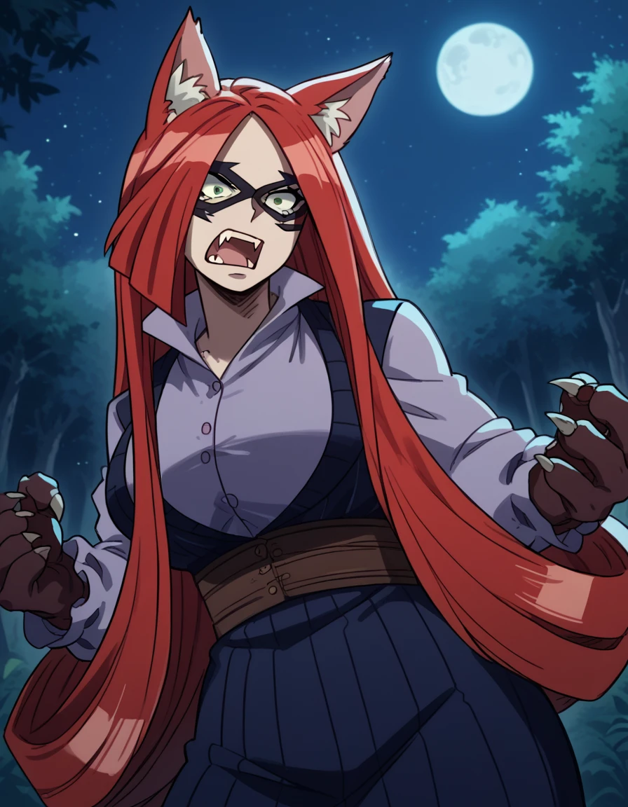 score_9, score_8_up, score_7_up, source_anime, <lora:kiruka-hasaki-movie2-ponyxl-lora-nochekaiser_r1:1>, kiruka hasaki, long hair, red hair, mask, domino mask, green eyes, forehead, large breasts,, <lora:werewolf-ponyxl-lora-nochekaiser:1>, werewolf, furry, fangs, animal ears, gloves, angry, teeth, animal ear fluff,, forest, night, moon, open mouth, , dutch angle, cowboy shot