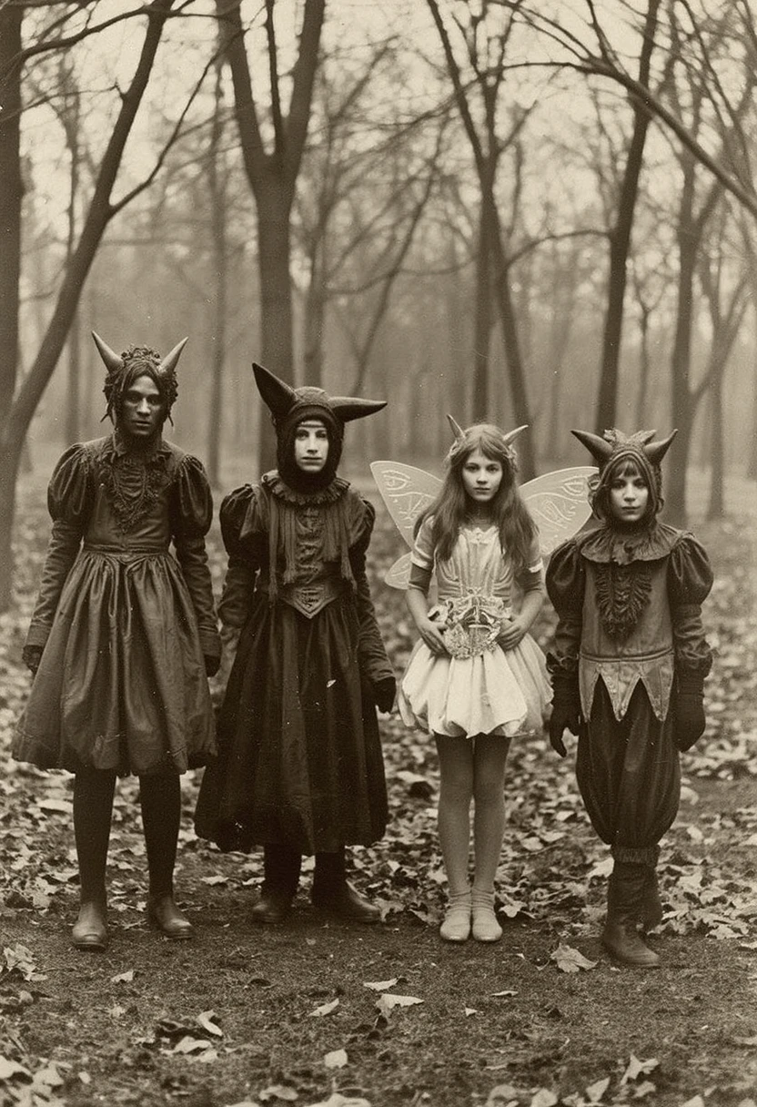 VintageHalloween. A faded photo showing four people in costumes resembling characters from European folkloreâone dressed as a devil with tiny horns, another as a fairy with gossamer wings, and two others in jester-like outfits. The figures stand in a wooded area, with bare trees and fallen leaves underfoot. The lighting is natural but overcast, giving the image a somber, dreamlike quality. The scene has an unsettling feel, as the costumes are detailed but slightly off-kilter. <lora:VintageHalloween-step00001600:0.9>,