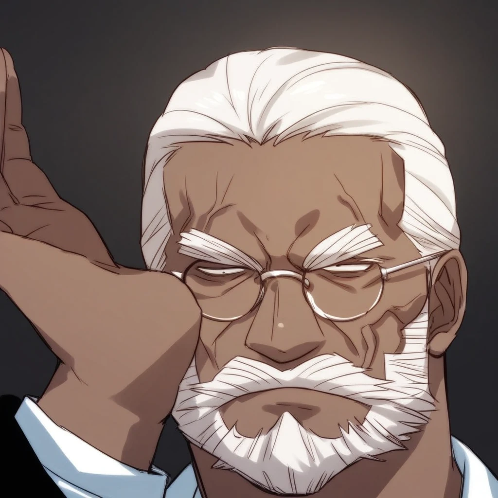 male focus, solo focus, solo, score_9, score_8_up, score_7_up, <lora:Capitan Kuro lifting glasses:1> 1 boy, dark skin, dark-skinned male, white hair, long hair, beard, facial hair, old man, old, wrinkly face,  Kuroliftingglasses, lifting glasses, adjusting glasses, glasses