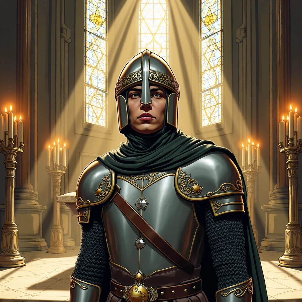 Imagine an image in the style of detailed graphic novel artwork: A paladin stands before an altar in a grand cathedral, light streaming through stained glass windows. Their shining steel and gold norman helmet rests on their head, a symbol of their faith and duty. The intricate carvings on the helmet match the ancient symbols engraved on the paladin’s armor. Around them, candles flicker gently in the still air, casting long shadows across the marble floor. The paladin’s expression is solemn, their devotion to their sacred mission evident in the quiet reverence of the scene.