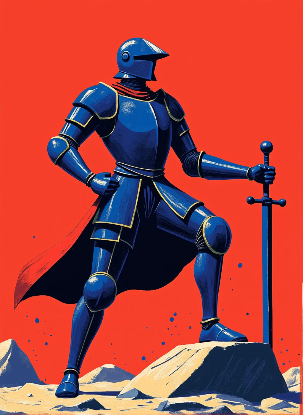 r0ygb1v digital illustration, large knight character design style, dynamic action pose, texture, contrast, geometric big shapes simplicity, color palette: bold