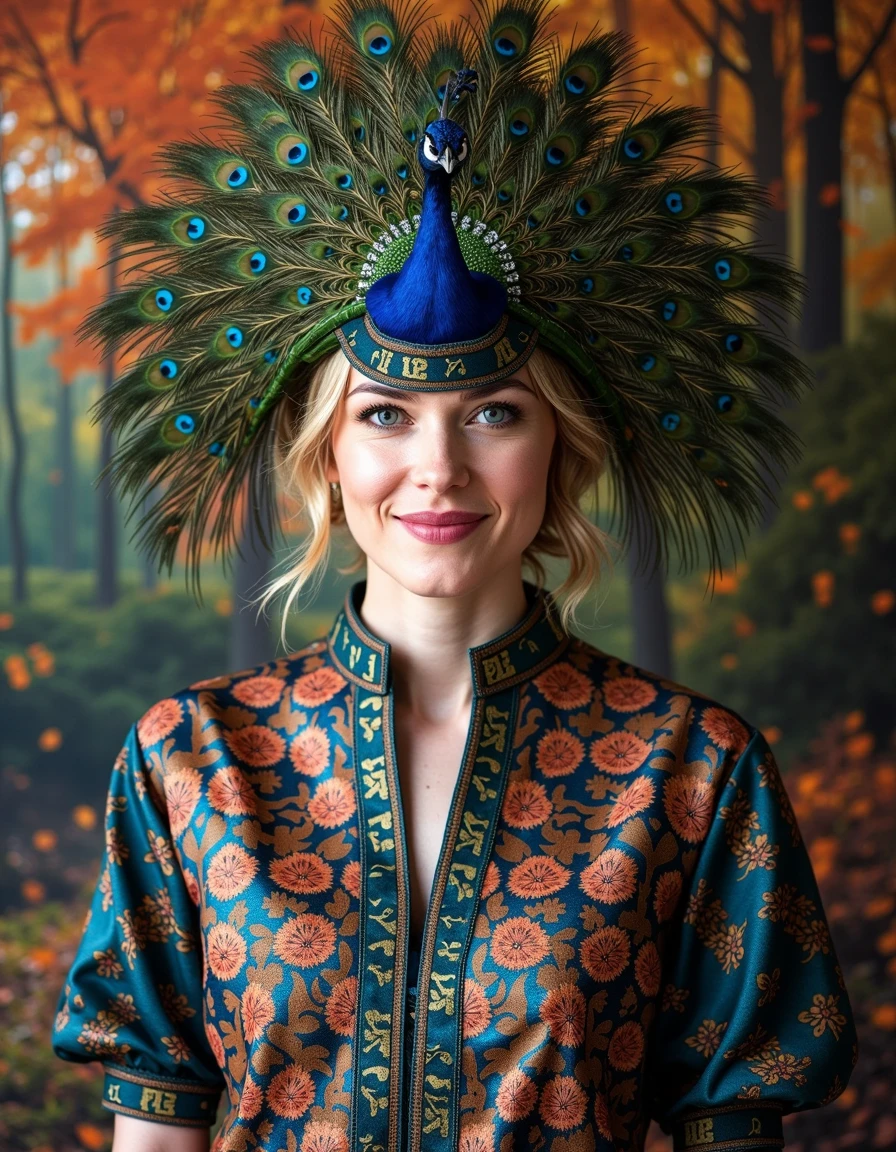 88nimalhd <lora:88nimalhd_rank8_bf16-step01000:1>,  Front view image of Scarlett Johansson wearing a peacock headdress and color matching clothes with a matching vibrant forest-themed background, looking at the viewer with a smile.