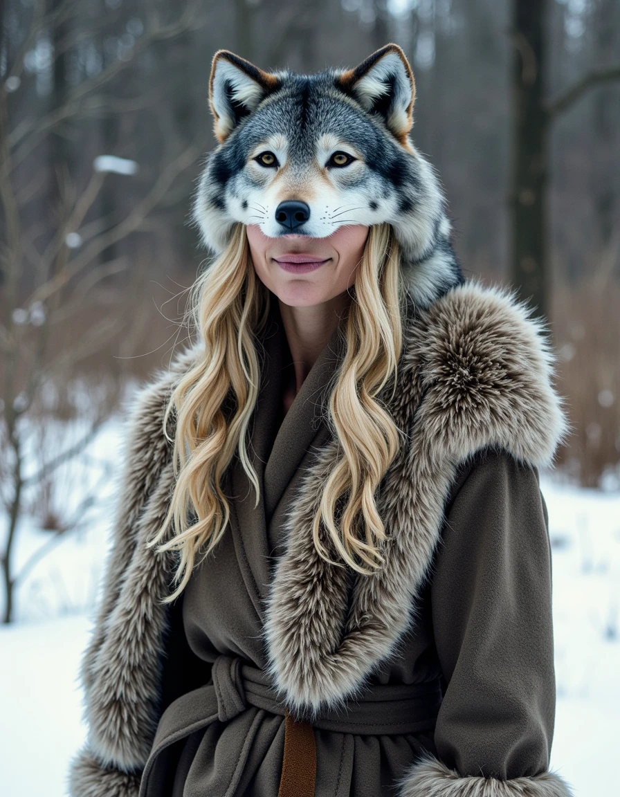 88nimalhd <lora:88nimalhd_rank8_bf16-step01000:1>,  Front view image of Charlize Theron wearing a wolf headdress and color matching clothes with a matching snowy forest-themed background, looking at the viewer with a smile.