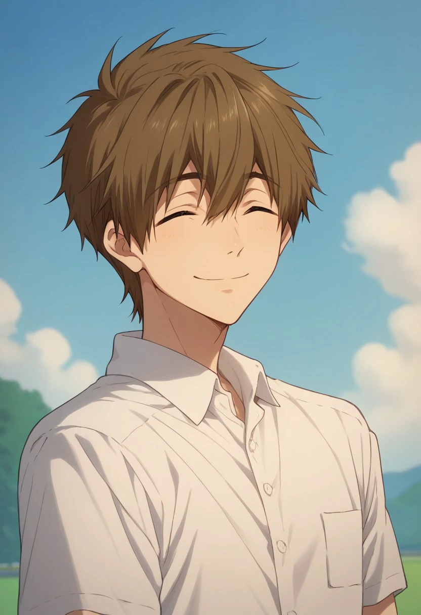 score_9, score_8_up, score_7_up, source_anime, highly detailed, 

makoto,1boy, male focus, solo, brown hair, hair between eyes, closed eyes, shirt, collared shirt, white shirt, short sleeves, smile, upper body,
outdoor, sky,