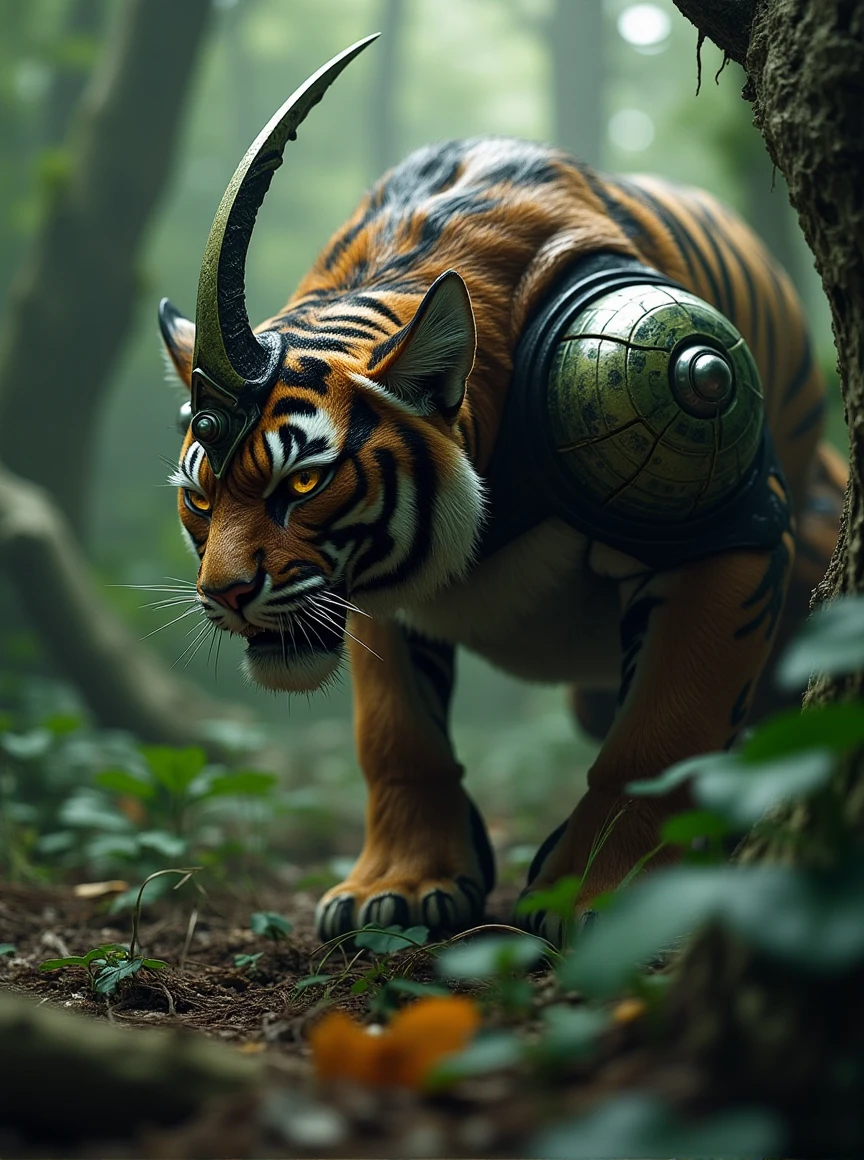 the guyver of biological armor,a tiger crawling in forest with a horn on head