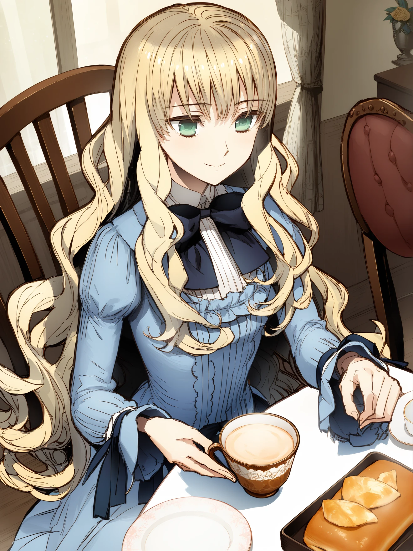 masterpiece, best quality, high quality, aesthetic, absurdres, insanely detailed,
1girl, green eyes, long hair, blonde hair, cup, teacup, table, food, smile, dress, bow, chair, tea, sitting, wavy hair, teapot,
<lora:akira-style-xl_v1.0:1>