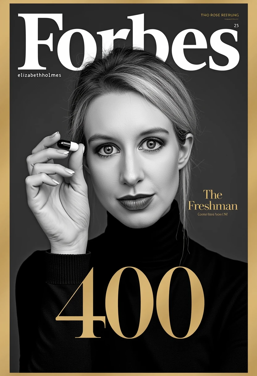 elizabethholmes on the cover of Forbes magazine. The frontal photo of her is black and white on a dark gray background, the magazine is also uses gold as a color. She is looking straight at the viewer with a serious expression on her face, her mouth is closed. Her hair is bound back. She is wearing a black turtleneck sweater and black mascara eye makeup and lipstick. She is holding up a tiny black and white transparent medical capsule between thumb and index finger of her right hand next to her head on the left. The other fingers are straight spread out, showing the palm of her hand. Her hand does not cover her face. The title of the magazine "Forbes" in white text is partially behind her head. Small golden text "The Freshman" is printed to the right of her nack. At the bottom of the cover, a large golden and elegant "400" is printed in the center of the cover. The cover is framed with a simple uniform golden border. The cover has the typcal features of a Forbes magazine cover.