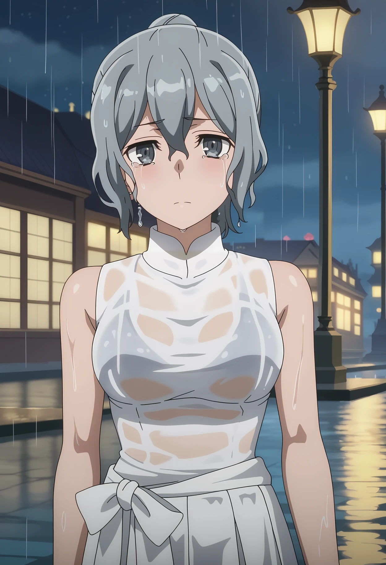 score_7_up, anime screencap,
<lora:DanMachi_SyrFlovaXL:0.9>,
1girl, solo, sad, crying,
wet hair, short hair, short ponytail, grey hair, grey eyes, hair between eyes, earrings,
SyrDate, wet shirt, collared shirt, white shirt, sleeveless, wet skirt, bow skirt, pleated skirt, white skirt, white bow,
thigh gap, zettai ryouiki, looking at viewer,
dark, night, rain, raining, outdoors, lamppost, fantasy, city, fountain, blurry background