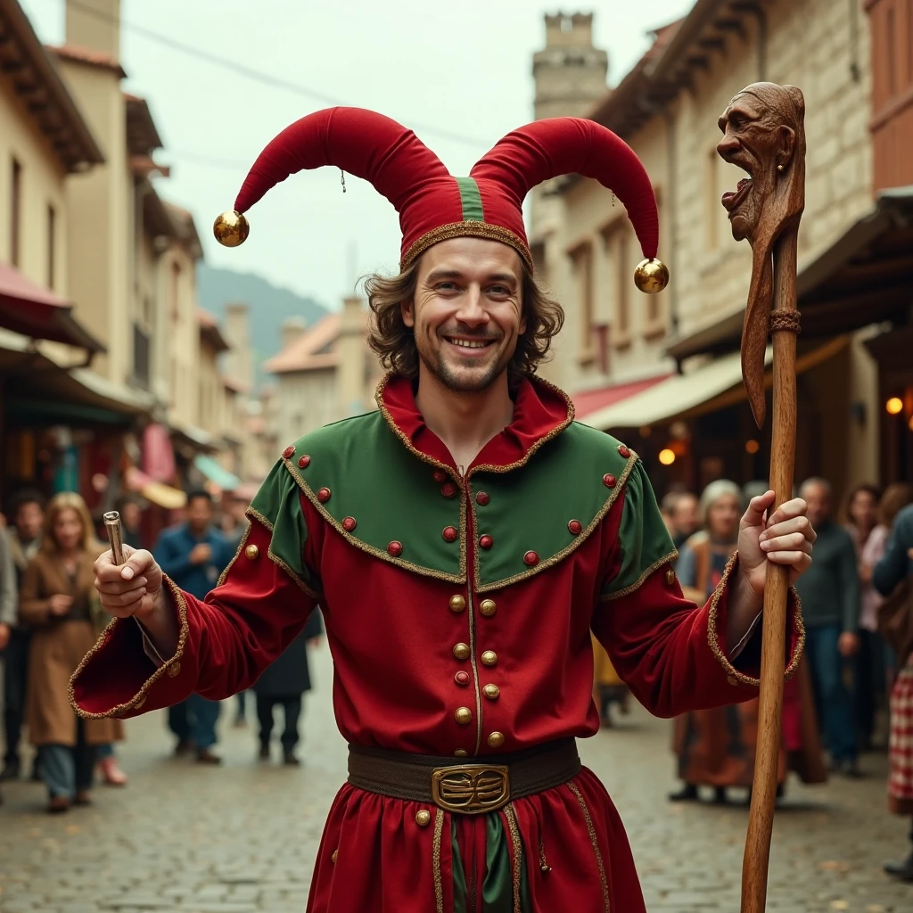 Imagine an image in the style of photorealism of a male jester standing in the middle of a crowded medieval marketplace, wearing a red and green jester costume with bells on his hat. He is in the middle of a comic performance, holding up a wooden staff with a carved fool's head. The stone buildings and merchant stalls behind him create a lively, busy atmosphere.