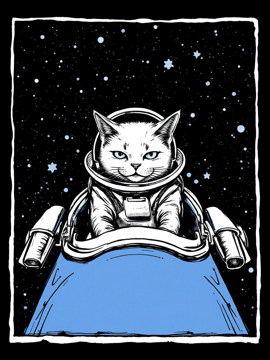 1nk3dp4w An illustrated image of a cat piloting a spaceship. background is space black, frame is silver with thin blue border, <lora:inkedgemono-simple_epoch-08:1.0>