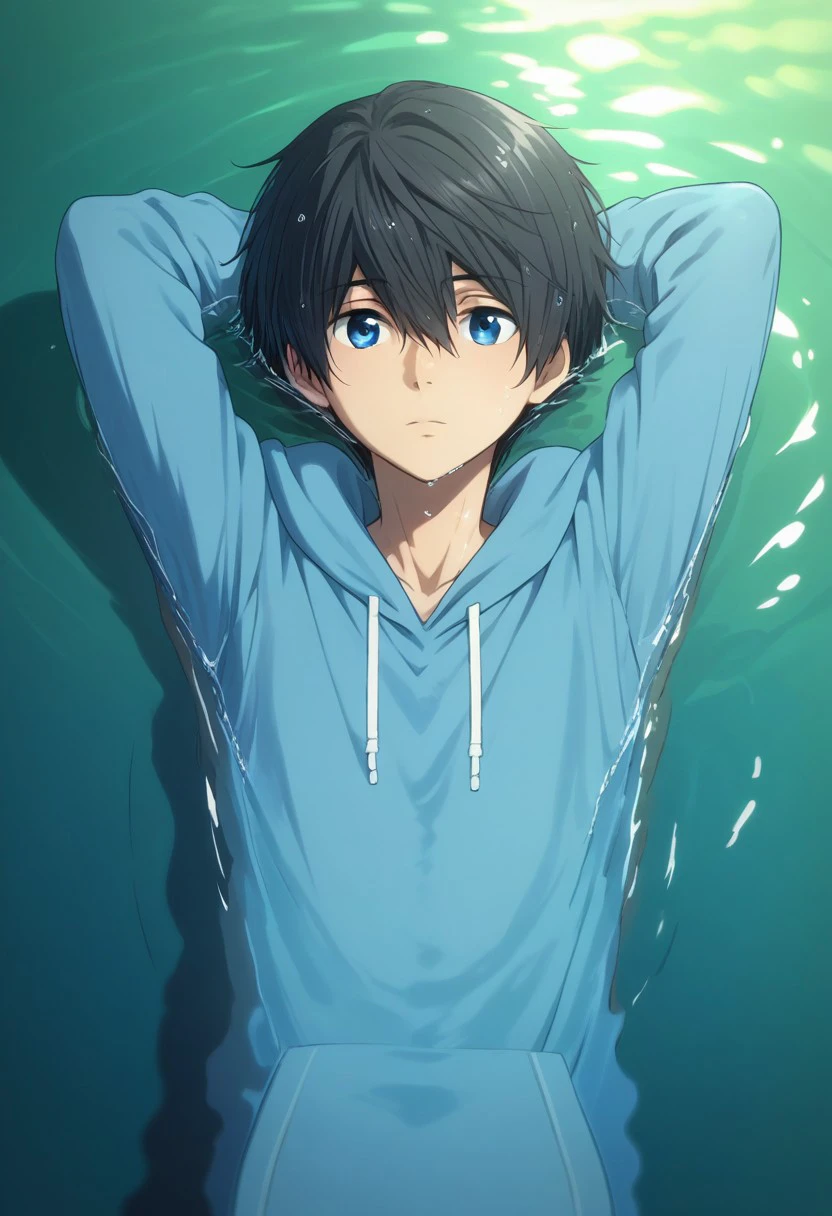 score_9, score_8_up, score_7_up, source_anime, highly detailed, 
haruka, 1boy, male focus, solo, black hair, short hair, hair between eyes, blue eyes, hoodie, hood, blue hoodie,   slender, skinny,
water, partially submerged, arms behind head, on back, wet, wet hair,