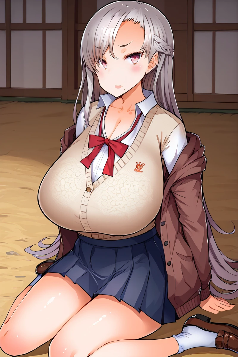 score_9, score_7_up,
BREAK
solo, 1girl, looking at viewer, closed mouth, joy,, blush,
BREAK
<lora:KishiroRen-v2:1>, Kishir0-R3n, pink eyes, grey eyes, grey hair, very long hair, large breasts, curvy, mole under mouth,
brown cardigan, brown jacket, long jacket, collarbone, cleavage, collared shirt, dress shirt, long sleeves, off shoulder, cardigan, open jacket, white undershirt, wing collar, loose neck ribbon, red ribbon, school uniform, pleated skirt, black skirt, miniskirt, layered cardigan, white socks, loafers,
BREAK
arms behind back,
Farm village, dirt road, dusty, small shrine, warming particles,