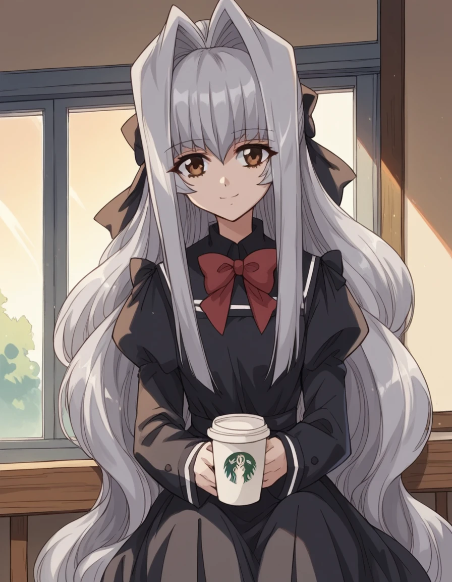 score_9, score_8_up, score_7_up, source_anime, <lora:anju-maaka-s1-ponyxl-lora-nochekaiser:1>, anju maaka, long hair, bow, ribbon, brown eyes, very long hair, hair bow, grey hair, sidelocks, hair intakes, black hair bow,, long sleeves, dress, bow, ribbon, school uniform, bowtie, black dress, red bow, red bowtie, cafe, coffee cup, barista, sitting down, talking, relaxing, sunlight through window, smile, smile, looking at viewer, solo,, dutch angle, cowboy shot