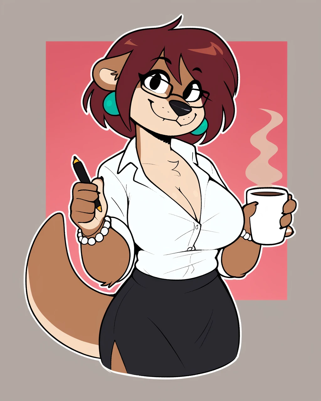 score_9_up, score_8_up, score_7_up, score_6_up, by remanedur, half-length portrait, otter, furry female, female, furry, looking at viewer, solo, smile, happy, holding cup, coffee, coffee mug,  eyewear, glasses, three-quarter view, head tilt, big breasts, cleavage, pencil skirt, dress shirt, tail, black footwear, high heels, bracelet, earrings, simple background, white outline,<lora:Leah_Pines(AIM)_XL_v1:0.25> <lora:PDXL_artist_tags_v2_big:0.5> <lora:The-Minuscule-Task_PDXL_v1.0:0.6>    <lora:Marine_McMurray:0.45>