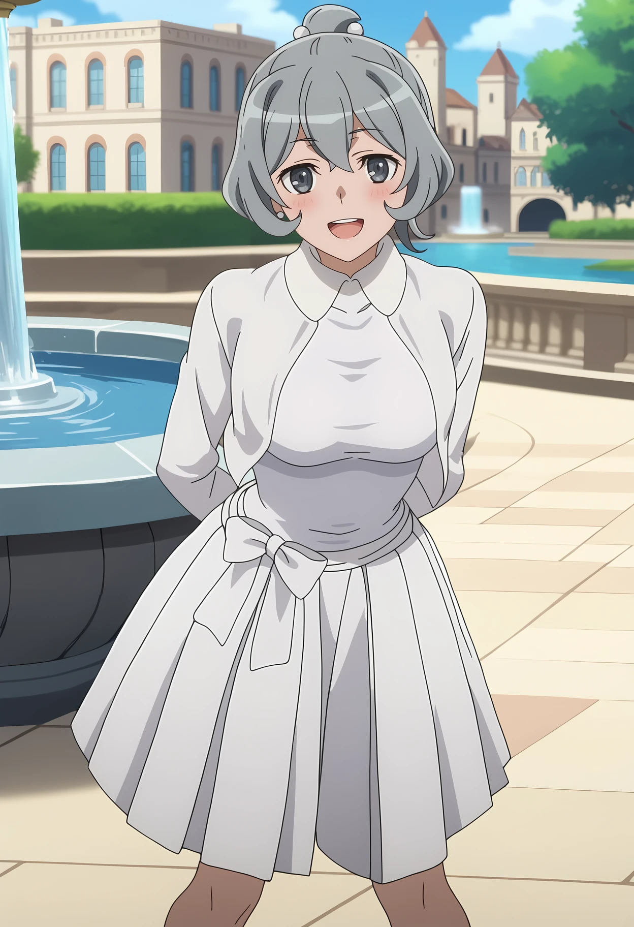 score_7_up, anime screencap,
<lora:DanMachi_SyrFlovaXL:0.9>,
1girl, solo, open mouth, smile, blush, upper teeth only,
short hair, short ponytail, grey hair, grey eyes, hair between eyes, hair bobbles, earrings,
SyrDate, cropped jacket, white jacket, collared shirt, white shirt, long sleeves, bow skirt, pleated skirt, white skirt, white bow,
arms behind back, leaning forward, looking at viewer, thigh gap,
outdoors, fantasy, city, fountain, blurry background