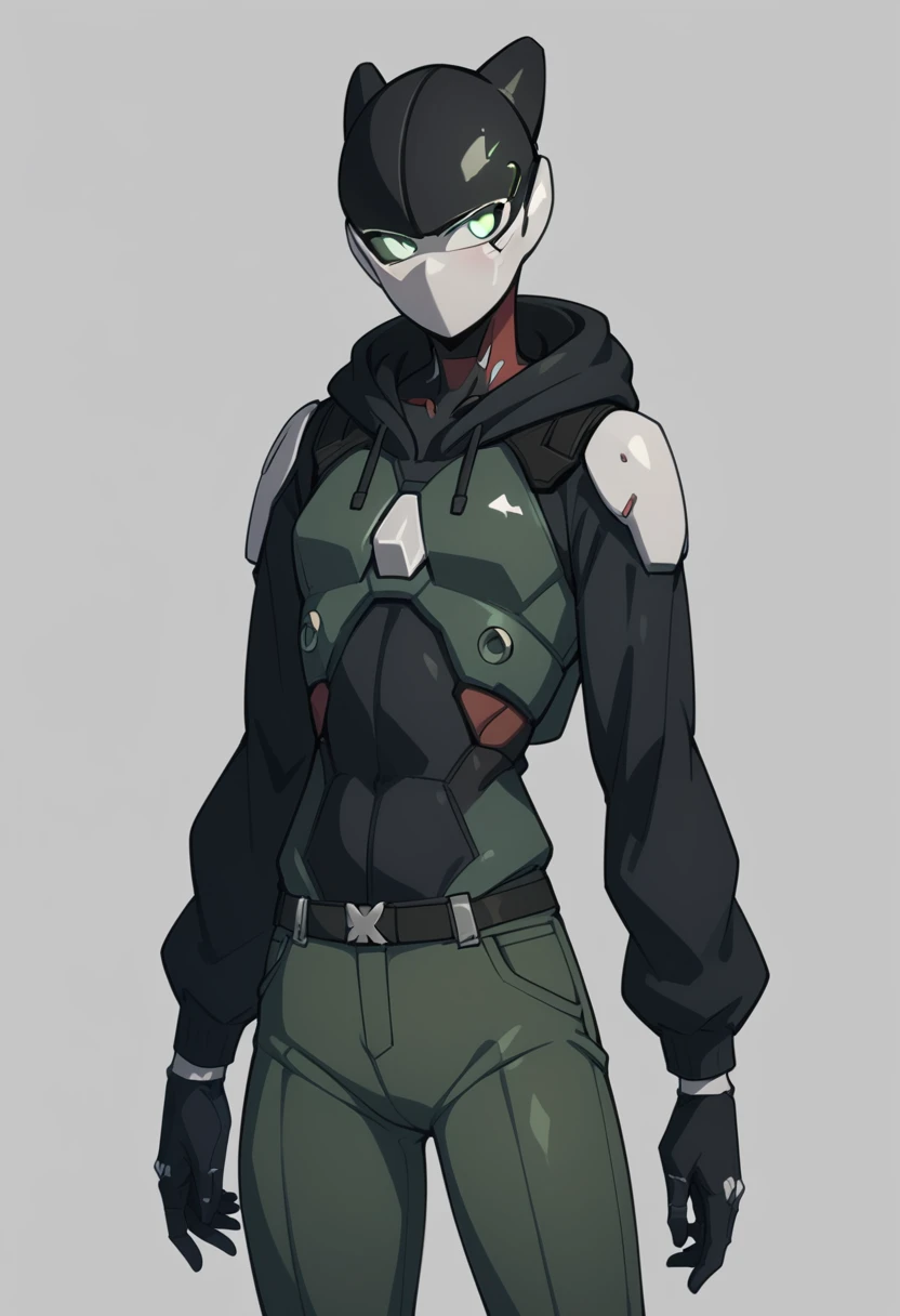 Techwear fashion, score_9, score_8_up, score_7_up, score_6_up, score_5_up, score_4_up,
1girl, BC-1, grey_background, simple_background, solo, standing, fullbody, a character portrait, BC-1 helmet,  <lora:BC-1_V2_r1:0.8>, wearing green military cargo trousers, dark navy blue sci-fi hoodie, Futuristic, cyberpunk, urban, tactical, sleek, dark, highly detailed