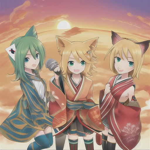 frilled shirt, sunset, blonde hair, sleeves past wrists, hair ornament, from above, brown footwear, knee boots, spread arms, cowboy shot, red kimono, green hair, dress, striped thighhighs, upper body, microphone, 4girls, bangs, solo, eighth note, shoulder tattoo, tray, blue skirt, star (symbol), looking at viewer, genderswap (ftm), elbow gloves, cloud, 2girls, strapless, holding card, animal ears, singing, yellow necktie