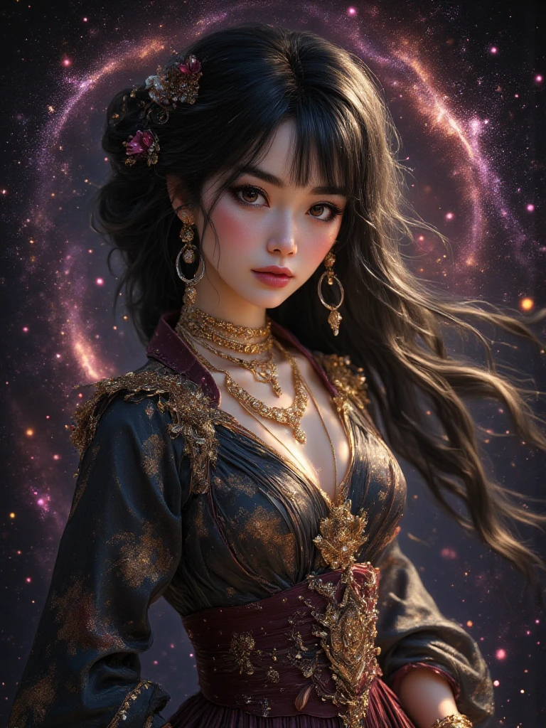 image stunningJapanese princess, long loose hair, dark eyeshadow, bangs, hair ornaments, necklaces, earrings, sumptuous flowing dress, BREAK. background of swirling stardust and nebula gas