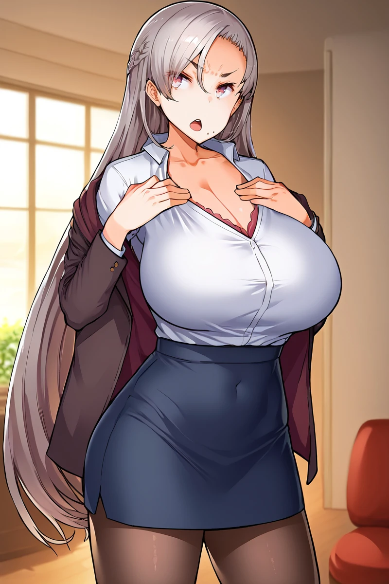 score_9, score_7_up,
BREAK
solo, 1girl, looking at viewer, open mouth,  angry, v-brows,, 
BREAK
<lora:KishiroRen-v2:1>, Kishir0-R3n, pink eyes, grey eyes, grey hair, very long hair, large breasts, curvy, mole under mouth,
office lady, suit jacket, taut skirt, dress shirt, white shirt, pantyhose, collarbone, blouse,
BREAK
hand on own chest,
valley, encircled by mountains, meandering river, scenic,