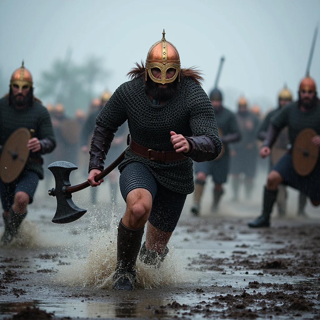 A fierce warrior charges through a rain-soaked battlefield, muddy water splashing as they sprint forward. Their polished copper viking helmet gleams in the dim light of the overcast sky, reflecting flashes of lightning. The warrior’s eyes burn with determination through the visor, and a heavy battle axe swings from their hand, ready to strike. Around them, fallen soldiers and shattered shields litter the ground as chaos unfolds, the thick air filled with the clashing of steel and shouts of war.