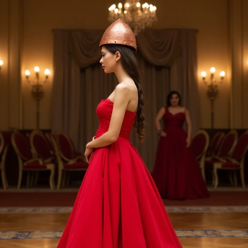 a woman wearing a bright red dress and a copper norman helmet standing in a ballroom