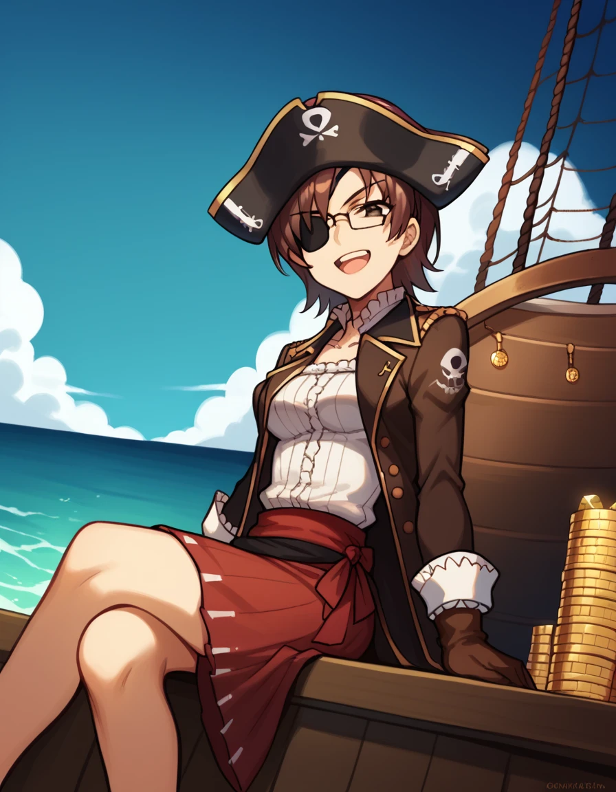 score_9, score_8_up, score_7_up, source_anime, <lora:nanami-kiri-s2-ponyxl-lora-nochekaiser:1>, nanami kiri, short hair, brown hair, brown eyes, glasses, medium breasts,, <lora:pirate-costume-ponyxl-lora-nochekaiser:1>, pirate costume, pirate hat, skirt, gloves, jacket, shirt, eyepatch,, blue sky, sea, ocean, pirate ship, treasure, gold, smug, open mouth, from below, sitting,, , dutch angle, cowboy shot