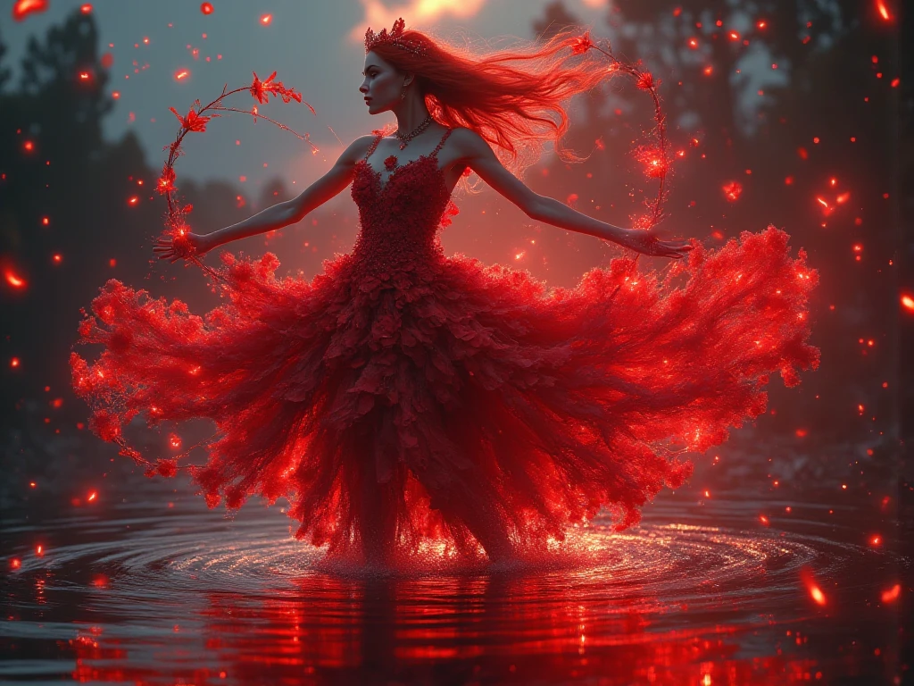 A hyper-realistic portrait, photorealistic photo close-up image of A middle-aged woman with fiery red hair cascading down her back and pale, porcelain skin is performing a mystical dance on the surface of a shimmering, blood-red lake under a twilight sky. She wears a flowing crimson gown made of thousands of delicate rose petals that flutter with each movement, and atop her head, she dons a crown of thorny vines intertwined with glowing rubies. As she dances with her two legs, the lake reflects her every move, creating ripples of red light that pulse outward like waves of energy. Her bare feet skim the surface, leaving behind trails of glowing red embers. The air around her is filled with the soft scent of roses, and tiny fireflies, also glowing red, circle her in a mesmerizing pattern. The scene is surreal and enchanting, a vivid display of elegance and power, where the woman’s fiery presence commands the attention of the entire lake and sky.(photography, high-resolution, dynamic, energetic,hyper-realistic, dramatic lighting, shallow depth of field.),