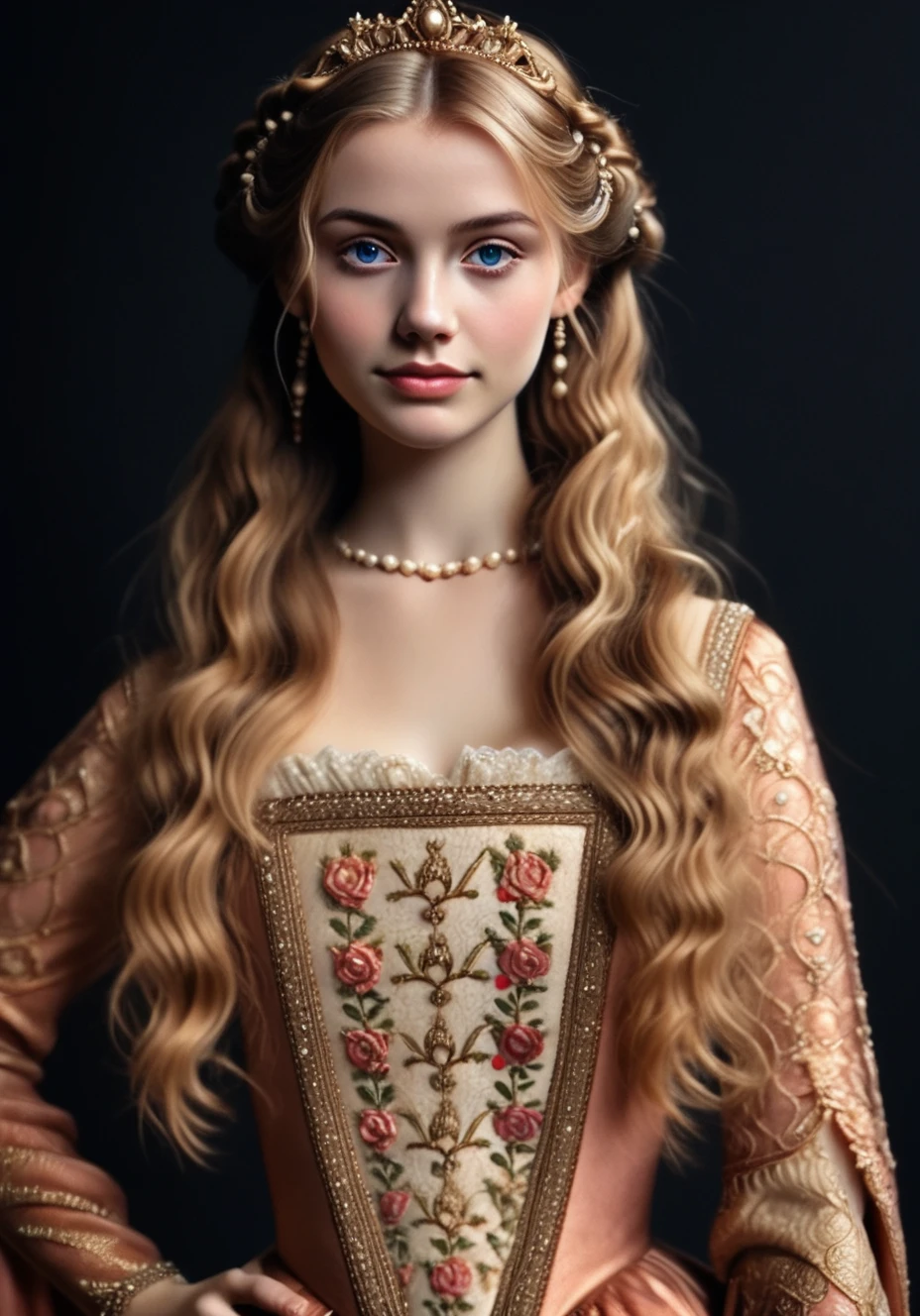 <lora:PrincessEleanor:0.7> PrincessEleanor, simple black background, hand on hip, jewelry, dress, tiara