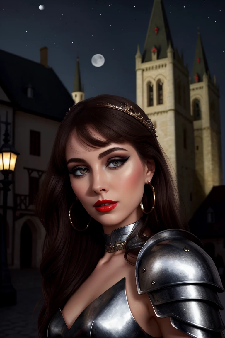 <lora:brittnyward_epoch_7:0.6>,brittnyward,  ((detailed eyes, detailed face, masterpiece, best quality, high resolution):1.2), (red lipstick, blush, eyeliner, eye shadow, pale skin), ((modest, fully clothed, conservative)), , ((dark brown hair)), , 1girl, solo, hoop earrings, bracelets, beautiful photograph, dreamy, surreal, trending, art deco, , a photo of a woman, ((detailed eyes, detailed face, award winning, high resolution, masterpiece, best quality, extremely detailed)), (red lipstick, eye shadow, eyeliner, pale skin), ((medieval armor, armor plate, medieval town, dragon head, medieval buildings, sword, at night, moon)), ((modest, conservative)),