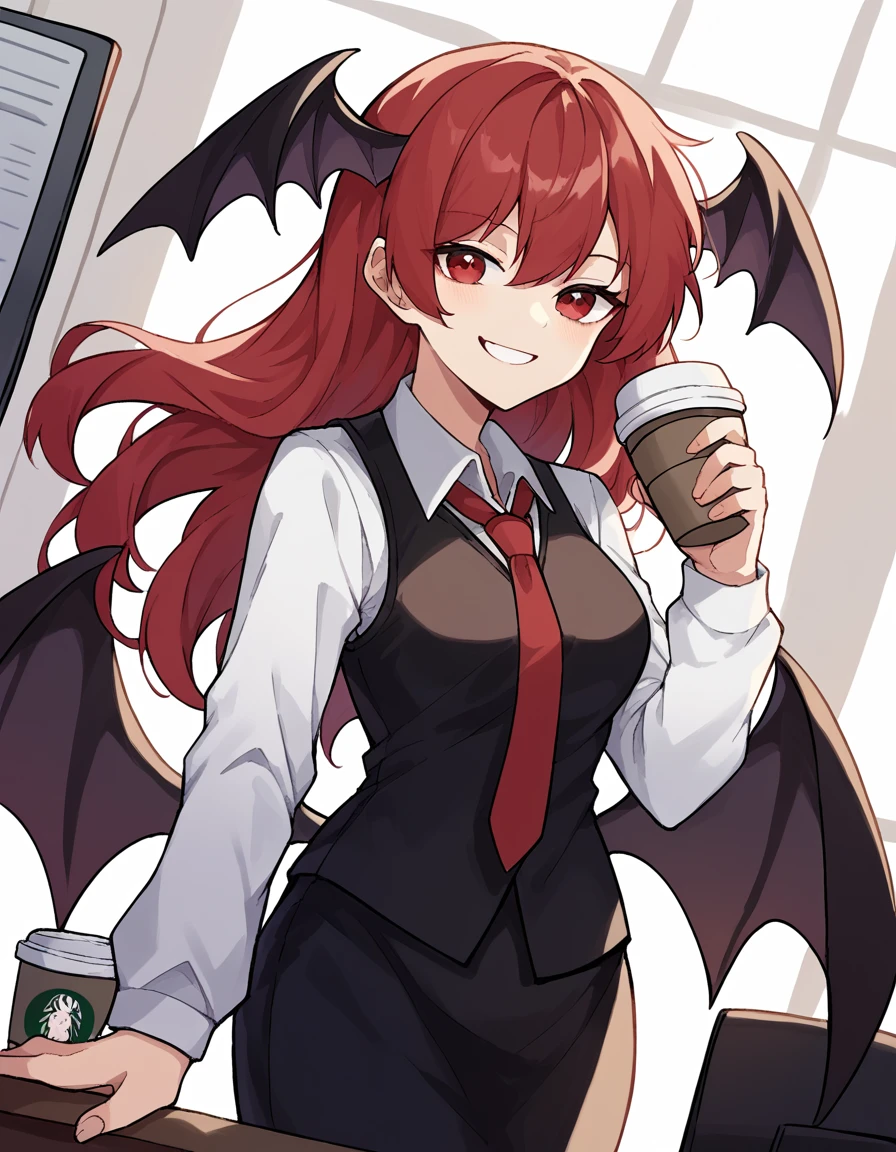 score_9, score_8_up, score_7_up, source_anime, <lora:koakuma-ponyxl-lora-nochekaiser:1>, koakuma, red eyes, red hair, long hair, sidelocks, medium breasts,, bat wings, black dress, black pantyhose, black skirt, black vest, dress, head wings, long sleeves, multiple wings, necktie, pantyhose, red necktie, shirt, skirt, vest, white shirt, wings,, home office, working from home, computer screen, coffee cup, focus, deadline, smile, smug, looking at viewer, solo,, dutch angle, cowboy shot