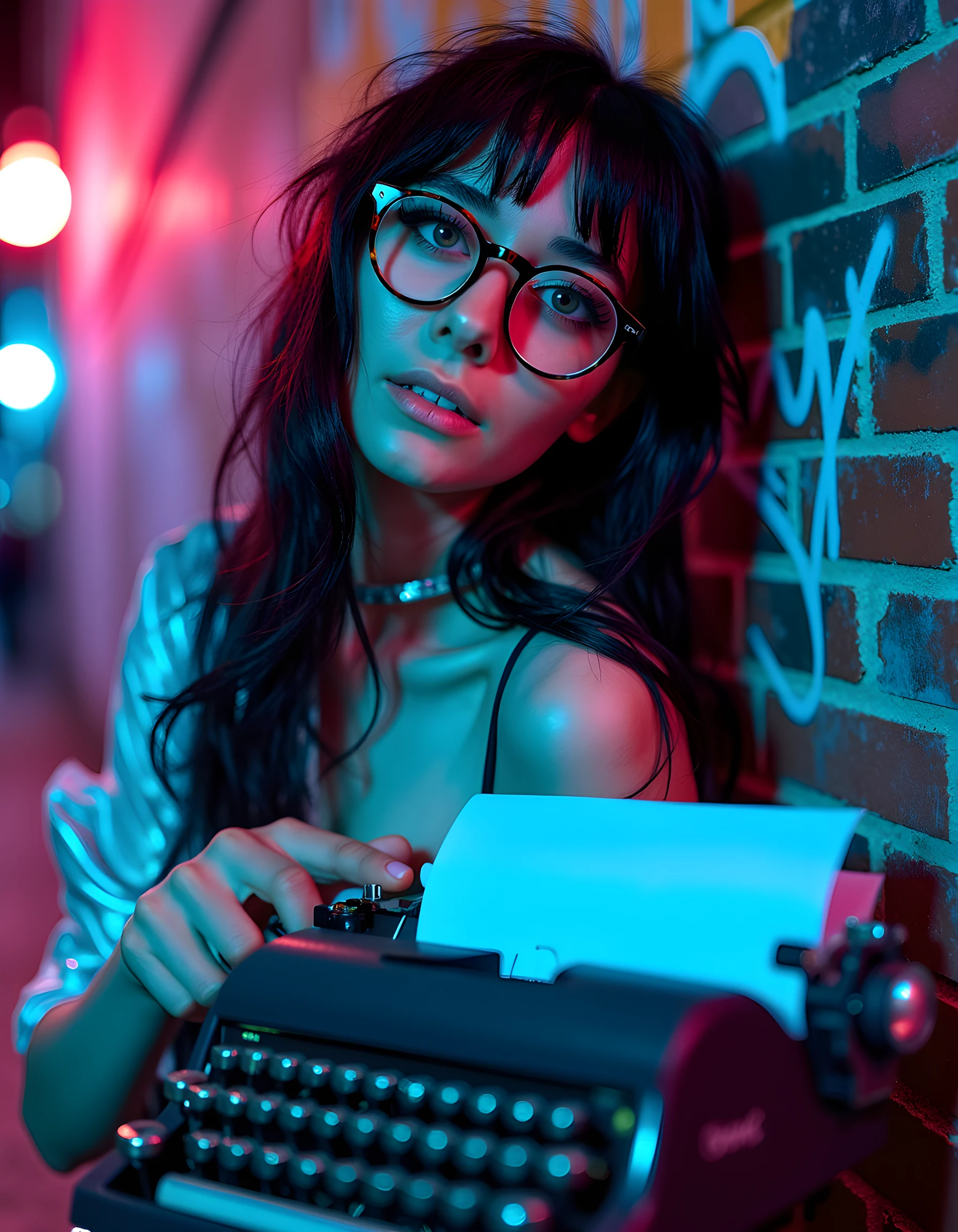 In a high-contrast, noir-inspired scene, the captivating Jul14N4C, with her raven hair cascading down her back like a dark waterfall, is posed against a graffiti-laden brick wall, her unique, futuristic outfit of silver and neon hues glowing faintly in the dim light of a rainy alleyway. Her piercing blue eyes are framed by thick, cat-eye glasses, and she clutches a vintage typewriter tightly, leaning slightly forward as if ready to unleash the next chapter of her story onto its pages, with a determined and rebellious air that illuminates the gloom around her.