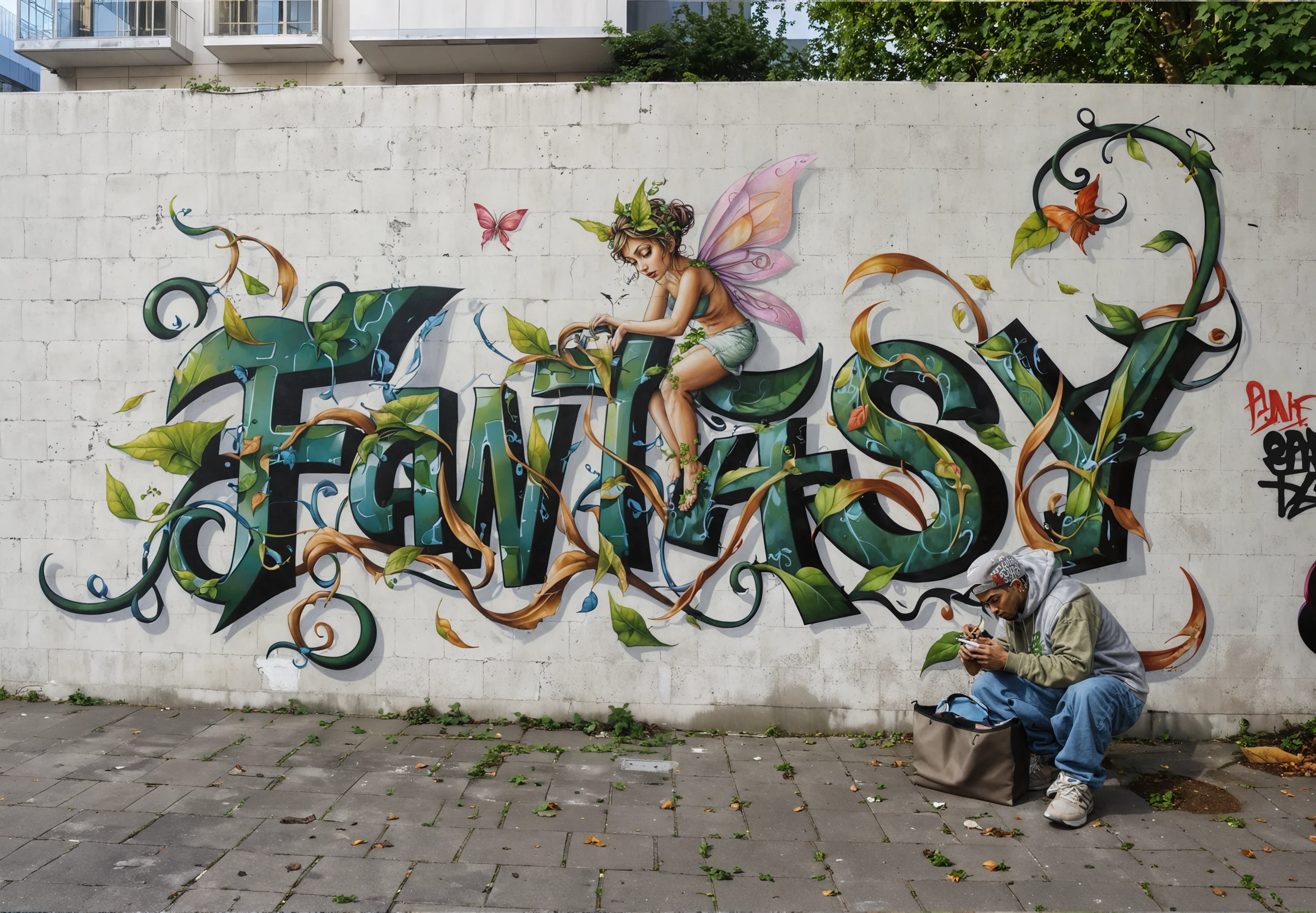 in the street with (cars:1.5),  in front of an ultra-modern building, . on the breeze block wall  a masterpiece with finely intricate details  graphiti with the hip hop style  word âFANTASYâ in stylized vegetal letters:1),  a faery and an interlacing of ivy between the letters. <lora:graphiti4flux:1.5> graphiti