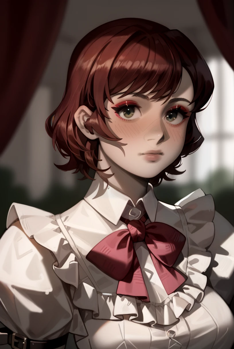 score_9, score_8_up, score_7, aesthetic, expressive, source_cartoon, BREAK, female focus, 
1girl, looking at viewer, blushing, medium flipped red brunette hair, makeup, frills, puffy sleeves, english outfit, detailed, bowtie, 
simple background, curtain, light shaft, art deco, depth of field,
warm color, rich color, vibrant,  