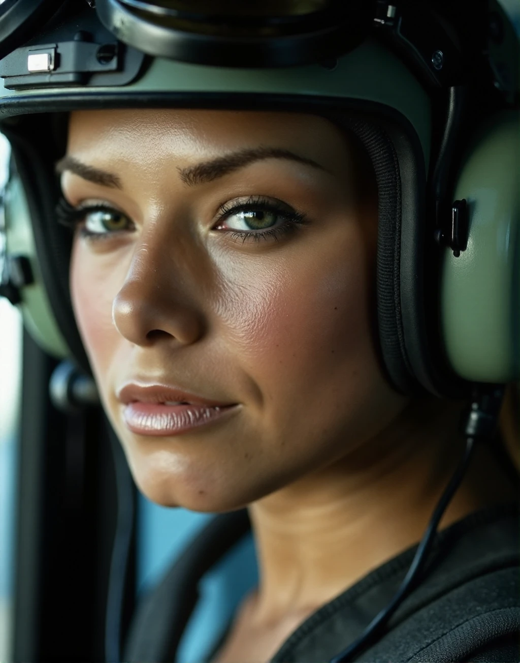 A professional close up photograph of a young woman, p1x1e, working as a helicopter pilot, wearing a helmet with microphone, detailed skin, striking makeup, bokeh, SFW<lora:Pixie_aka_Nadia-000015:1>