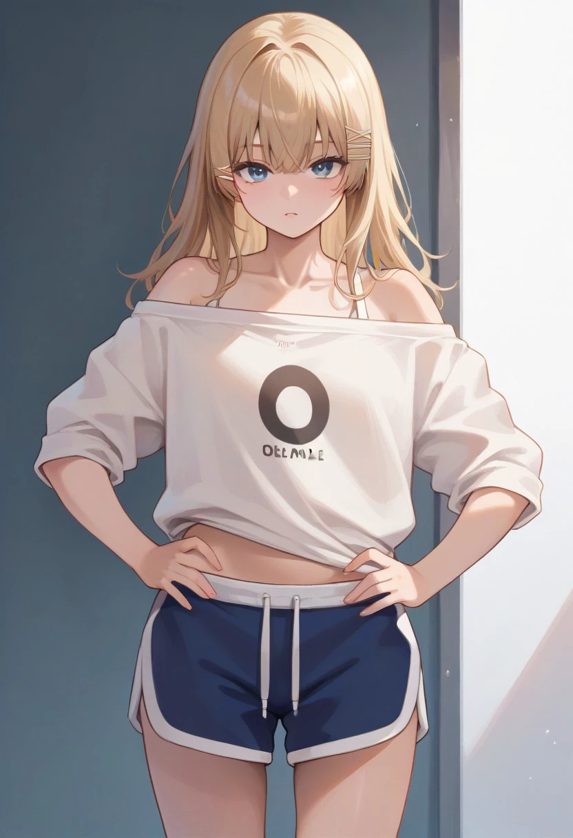 score_9, score_8_up, score_7_up, source_anime, BREAK, standing, hands on hips, cowboy shot, blue eyes, long hair, blonde hair, hairclip, dolphin shorts, off-shoulder, shirt