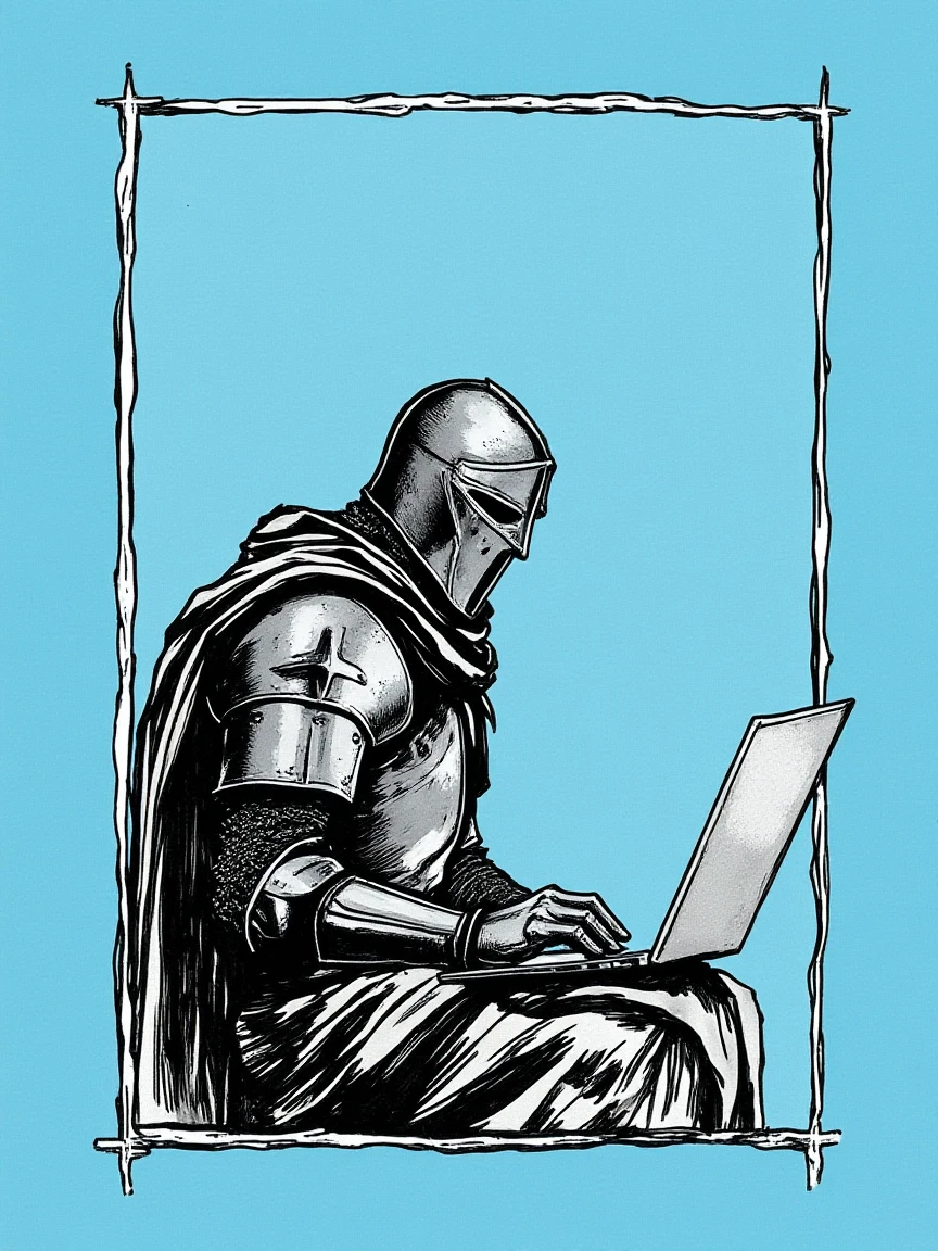 1nk3dkn1ght An illustrated image of a medieval knight using a modern laptop. background is light blue, frame is dark grey with thin silver border, <lora:inkedgemono-simple_epoch-08:1.0>