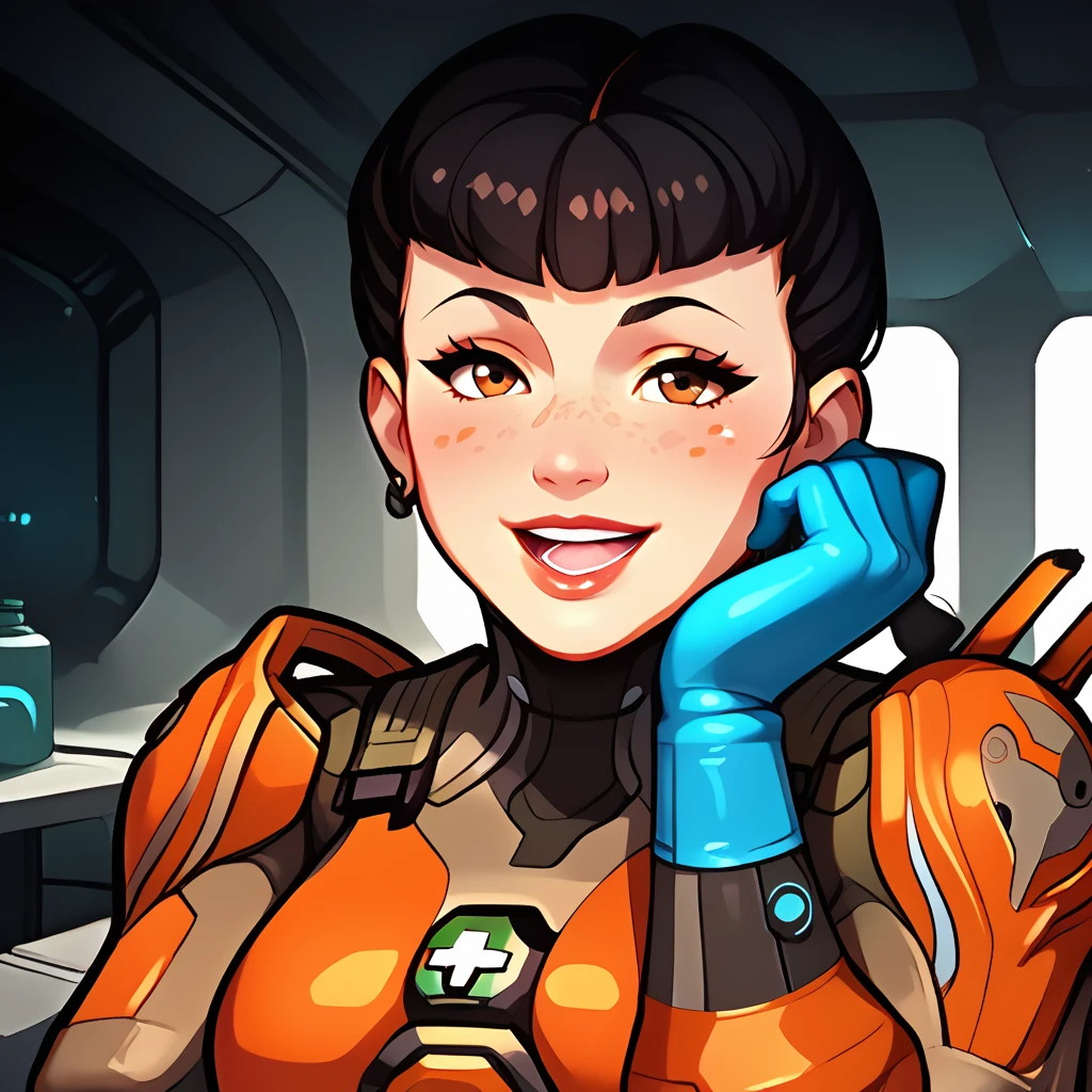 tannis, short brown hair, green eyes,
 red jacket, tan shirt, earrings , pants, 
upper body,  smile,  looking at viewer, sitting,  cleavage, 
spaceship,  medical room,  rusty,  
 (insanely detailed, beautiful detailed face, masterpiece, best quality) 
 <lora:tannis:0.7>