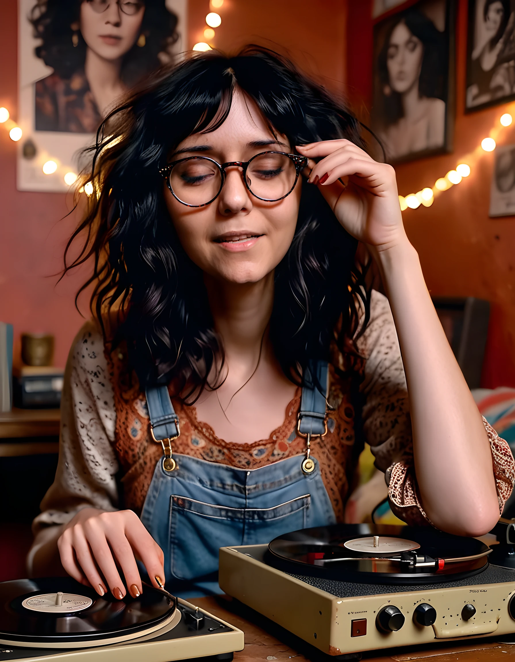 In a dimly lit, bohemian apartment adorned with vintage vinyl records and string lights, the woman named Jul14N4C, her black hair cascading in loose waves down her back, dons an eclectic ensemble of a lace-trimmed crop top paired with high-waisted, distressed denim overalls. She stands slightly off-center in the frame, leaning against a record player with a closed left eye and open right eye gazing intently at the viewer, her glasses perched on the bridge of her nose. Her lips are curled into a warm, inviting smile, and she cradles a vinyl record between her fingers, lost in the rhythm that fills the room, all captured from a low angle that highlights the intricate patterns on her shoes and the vintage ambiance of her surroundings.