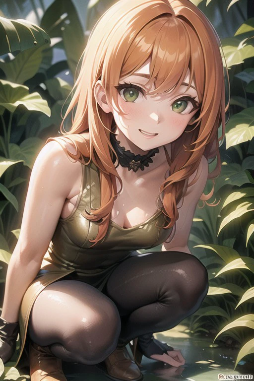 intricate details, finely detailed, <lora:Add Detail:0.4>, (masterpiece), best quality, high resolution, highly detailed, detailed background, thin, small size, green eyes, large breasts, jungle, vine, moss, brown gloves, brown boots, explorer outfit with intricate details, determined, upper body, close up, smile