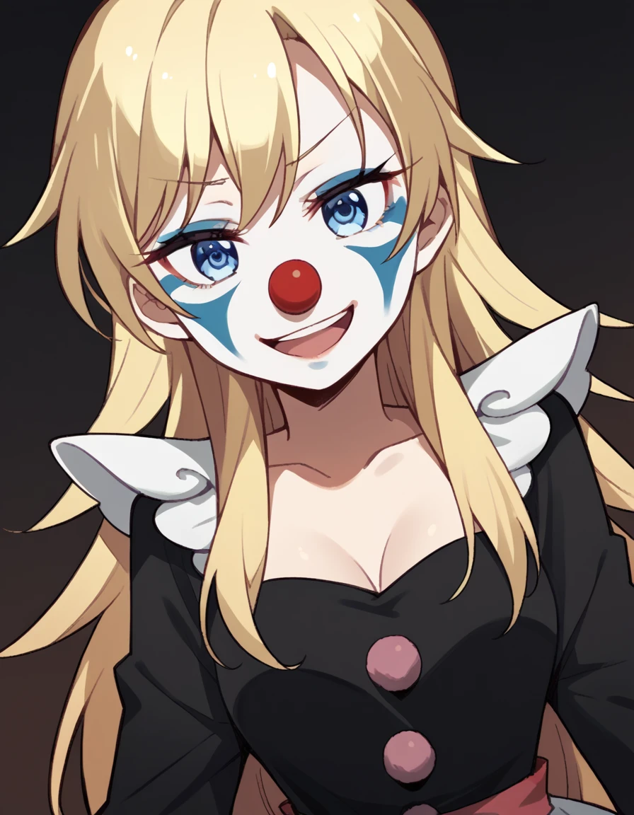 score_9, score_8_up, score_7_up, source_anime, <lora:kou-yagami-s2-ponyxl-lora-nochekaiser:1>, kou yagami, long hair, blue eyes, blonde hair, medium breasts,, <lora:clown-ponyxl-lora-nochekaiser:1>, clown, makeup, clown nose, facepaint, gloves, long sleeves, frills, dress,, smile, open mouth, smug, , dutch angle, cowboy shot