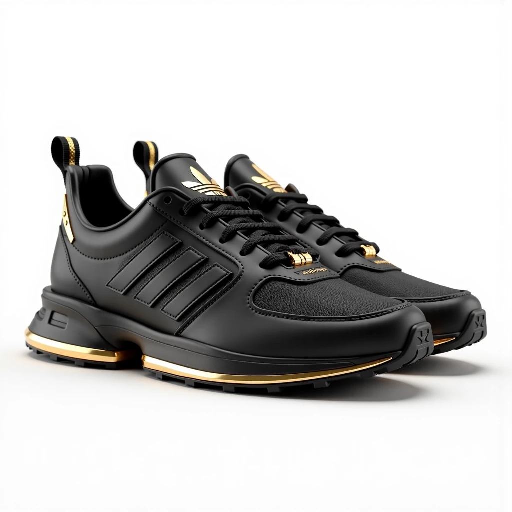 An orthographic view of Ð° 3D model of a  Adidas sneakers featuring a design with a matte black ceramic body inspired by  retro style and contrasting golden metallic elements, set against a pure white background.
<lora:BlckNdGld-01:0.7>