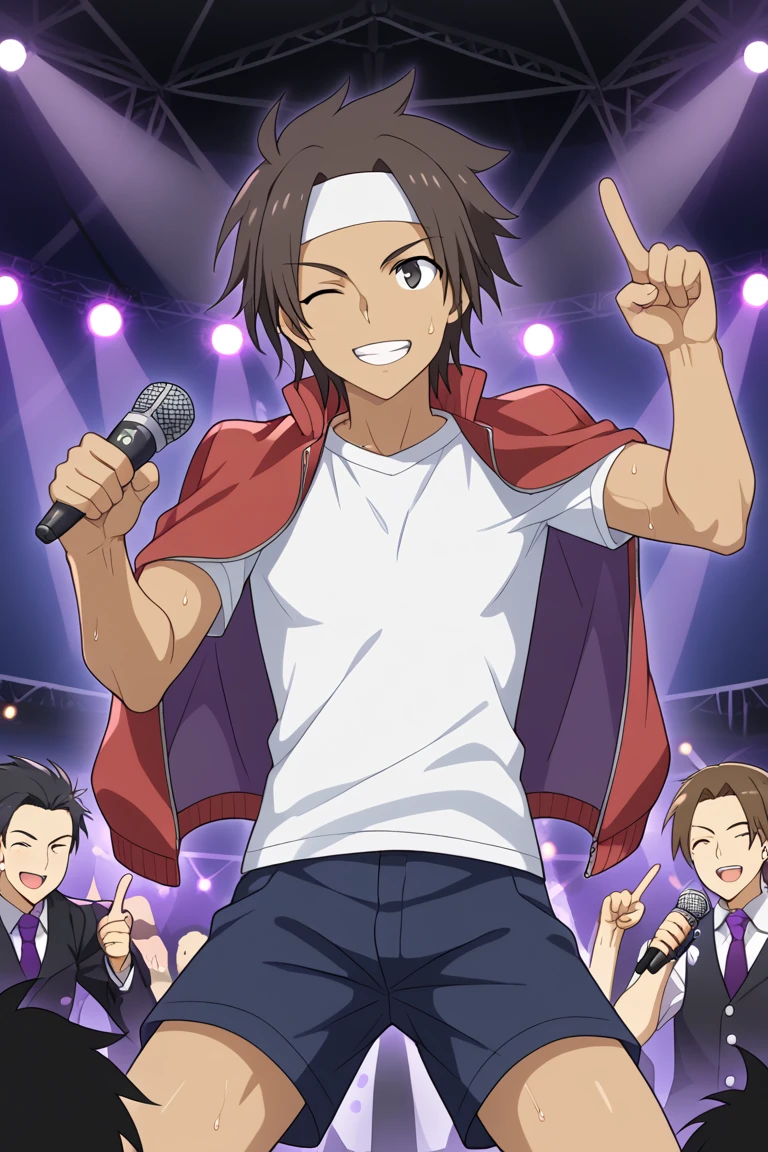 an anime male singing with a microphone in the hand and dancing on a concert stage, microphone, Expressiveh, masterpiece, best quality, perfect anatomy, perfect proportions, high resolution, countershading, well detailed background, BREAK, male focus, 1boy, sogiita gunha, dark brown hair, dark brown eyes, medium tan skin, skin with slightly warm in tone, skin with subtle bronze undertones, white tie_headband, BREAK, red tracksuit jacket on shoulder, white shirt, blue shorts, pointing at the viewer, looking at the viewer, sweat, smile, wink, BREAK, on stage, light show, violet lights, purple lights, smoke, masterpiece, instruments, crowd of viewers