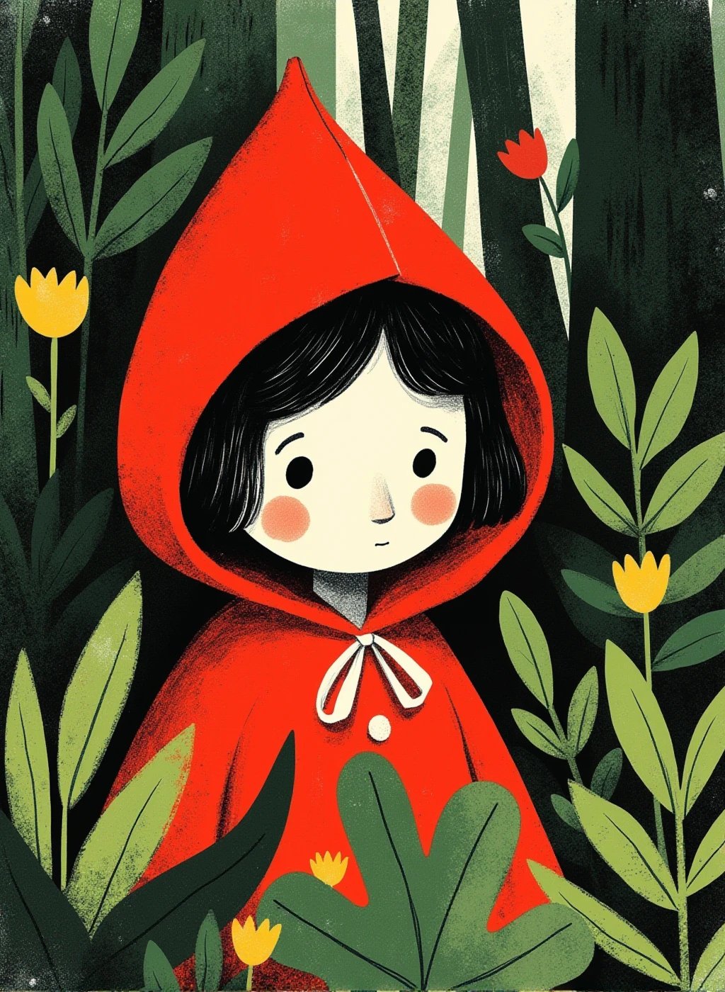 r0ygb1v This image is a digital illustration depicting an extreme closeup of a Little Red Riding Hood character in a forest, the plants have brush texture and dappling, minimalist shapes, simple colors, abstract