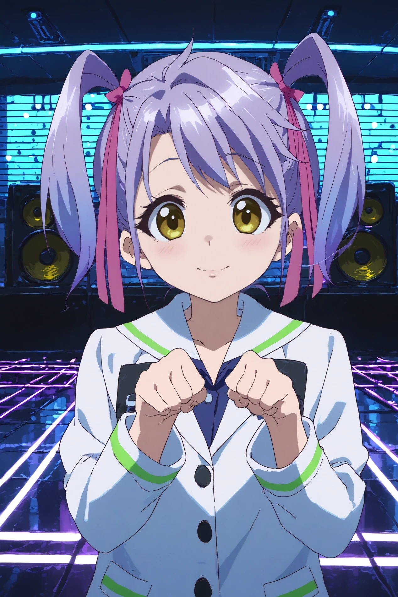  kurumi kumamakura,1girl,solo,smile,twintails,ribbon,yellow eyes,hair ribbon,purple hair,,looking at viewer,school uniform,jacket,lowlight,low light,oily skin,shiny_skin,upper body,smile,good_hands,standing,paw pose BREAK indoors,nightclub,music,lights, dancefloor, DJ, speakers,shadows,led,purple neon led      <lora:Kurumi_Kumamakura_-_Musaigen_no_Phantom_World.safetensors:0.8> <lora:detailed_backgrounds_v2.safetensors:0.7> <lora:lowlight.safetensors:0.8>