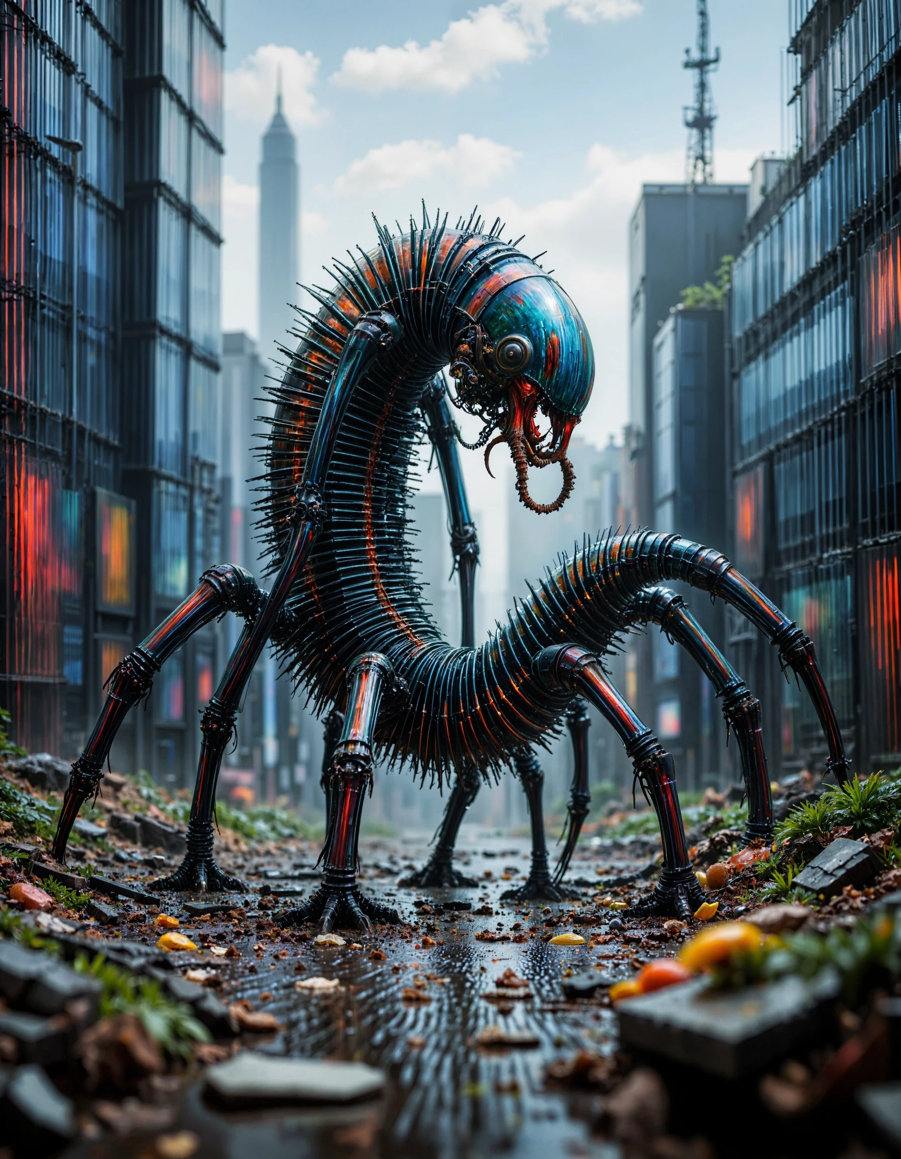 A massive, biomechanical centipede winding its way through the slums of a decaying city, its many legs scraping against the metallic ground.