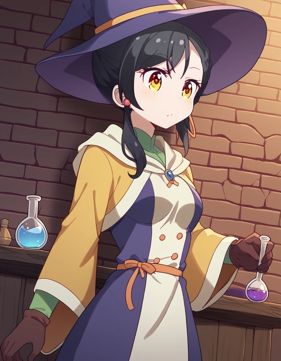 score_9, score_8_up, score_7_up, source_anime, <lora:tsubame-narumi-s2-ponyxl-lora-nochekaiser:1>, tsubame narumi, black hair, ribbon, hair ribbon, yellow eyes, side ponytail, braid, single braid, medium breasts,, <lora:wizard-ponyxl-lora-nochekaiser:1>, wizard, wizard hat, robe, dress, long sleeves, gloves,, indoors, bricks, potion, flask, vial,, cowboy shot,, , dutch angle, cowboy shot