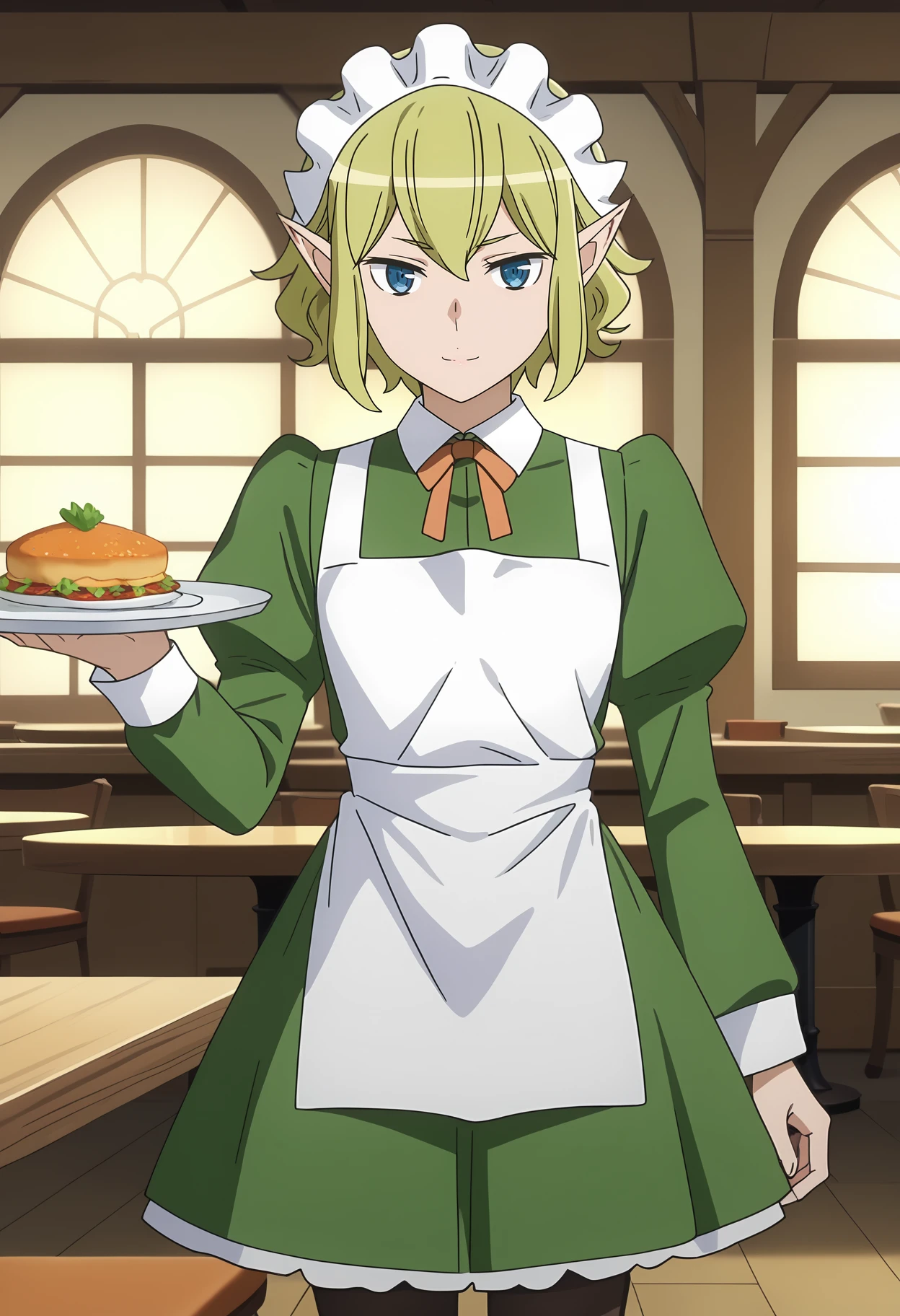 score_7_up, anime screencap,
<lora:DanMachi_RyuuLionXL:0.9>,
1girl, solo, closed mouth, light smile,
short hair, blonde hair, green hair, blue eyes, pointy ears,
RyuuMaid, green dress, white headdress, white apron, neck ribbon, orange ribbon, juliet sleeves, long sleeves, black pantyhose,
holding plate,
standing, looking at viewer,
indoors, fantasy, restaurant