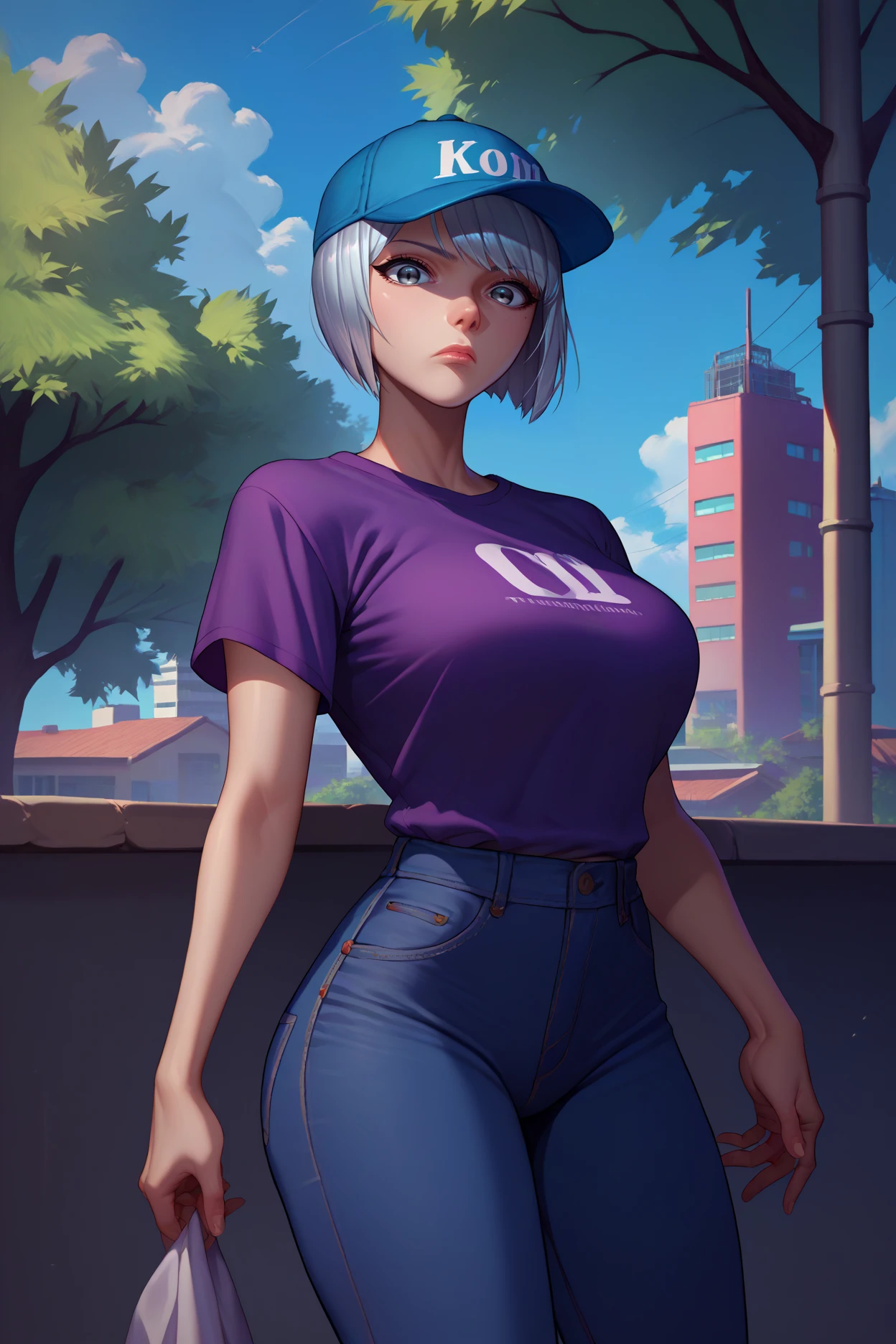 score_9, score_8_up, score_7_up, score_6_up, source_anime, 1girl, solo, <lora:shiroganesaiga-pdxl-nvwls-v1:1> kceleonore, silver hair, short hair, grey eyes, bob cut, large breasts, purple shirt, short sleeves, jeans, baseball cap, city, blue sky, looking at you, curious, tree